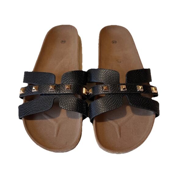 NEW Black Studded Cork‎ Slide Sandals Women’s 11 EU 44 Faux Leather - Picture 1 of 5